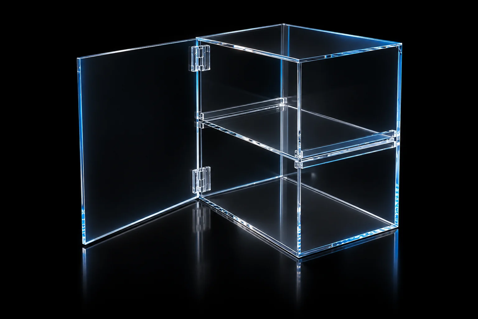 Pieza de metacrilato caja doble del archivo Neolaser con fondo e iluminación editados para presentación.