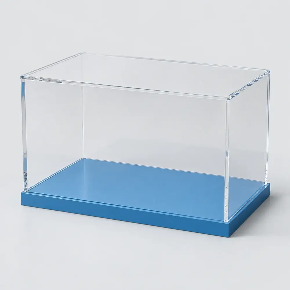 Vitrina con base azul · Propuesta visual generada con IA; fabricación a validar según proyecto.