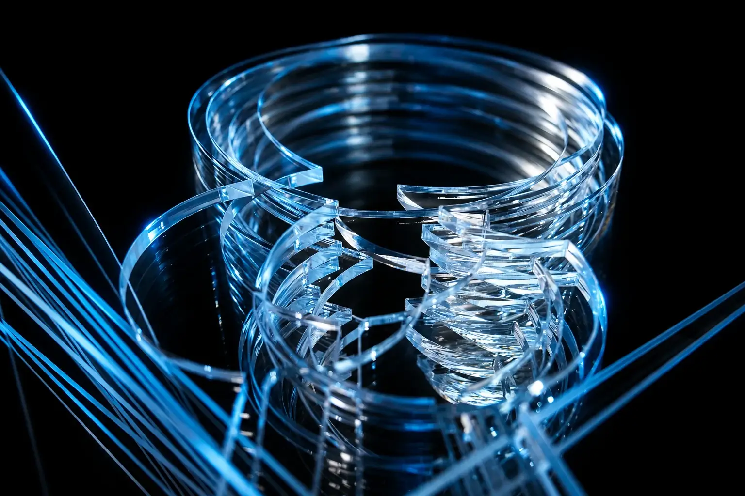 Piezas curvas transparentes del archivo Neolaser con fondo negro e iluminación azul retocados