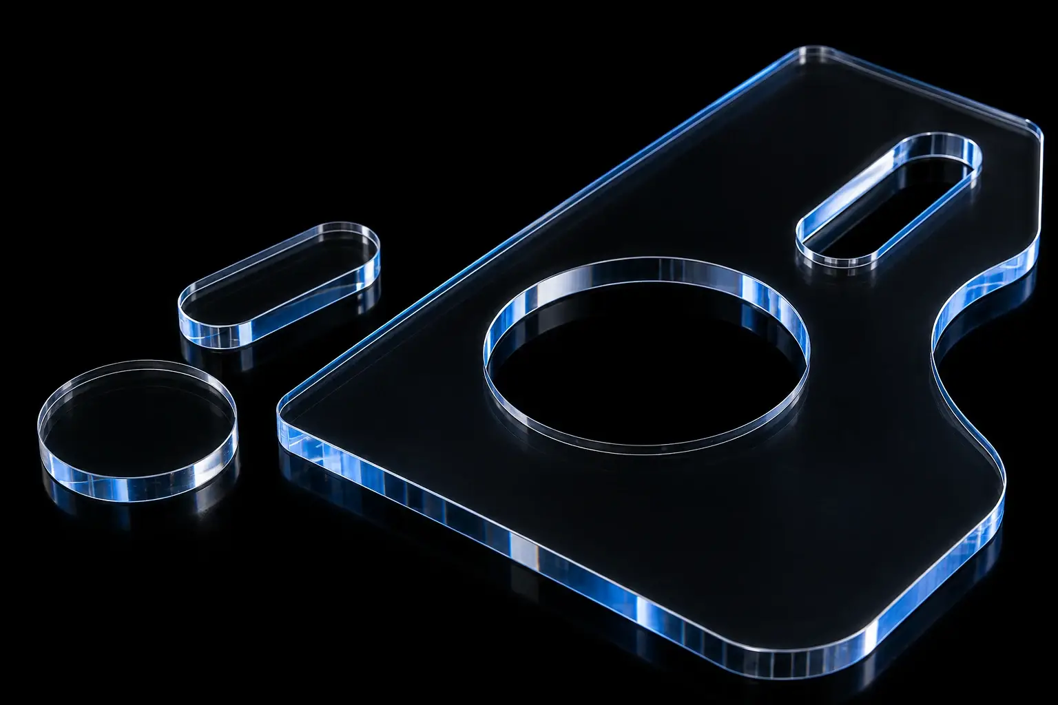 Estudio conceptual de una placa transparente con contornos y huecos iluminada en azul