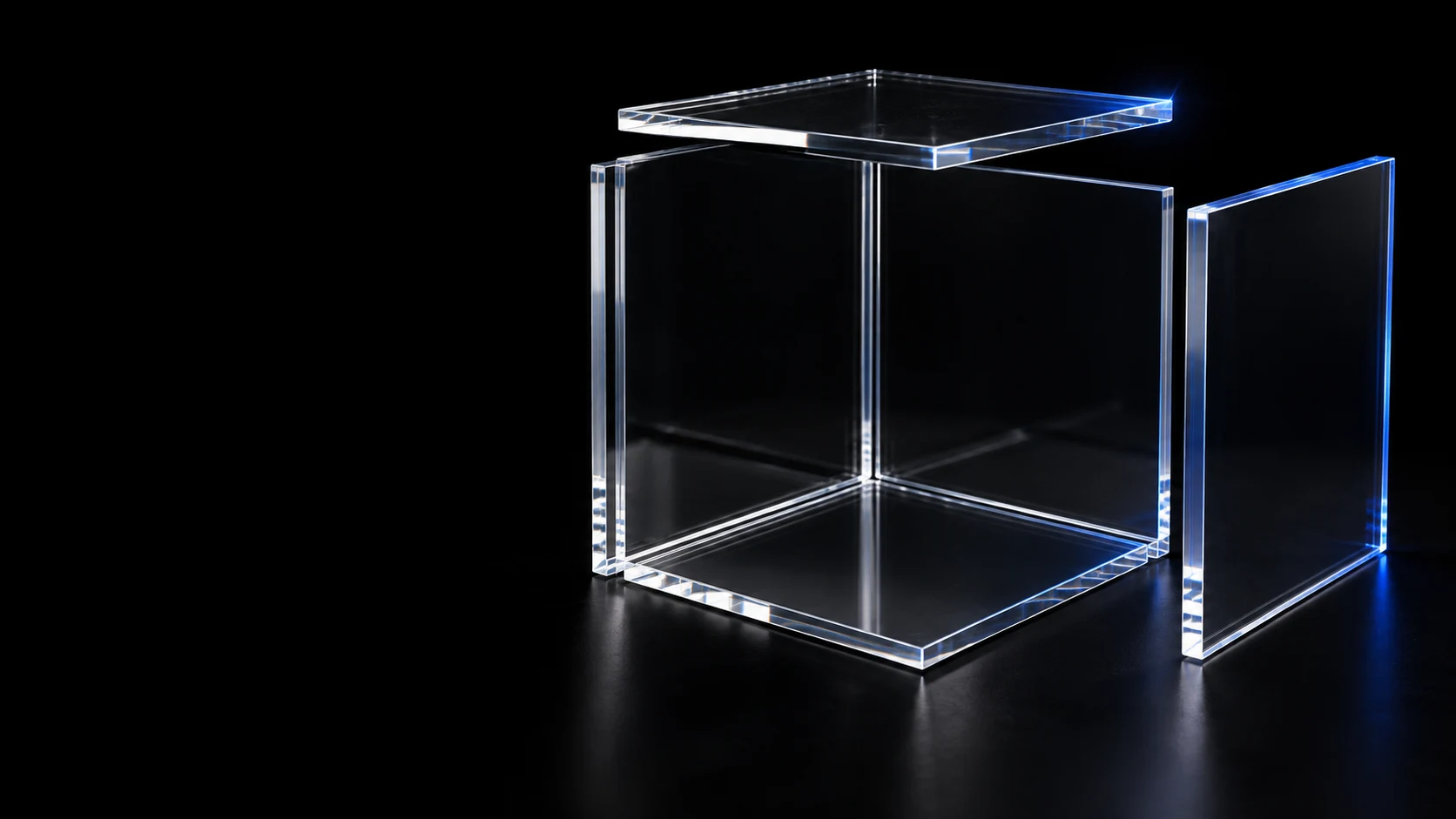 Estudio visual conceptual de placas de metacrilato transparente con iluminación blanca y azul