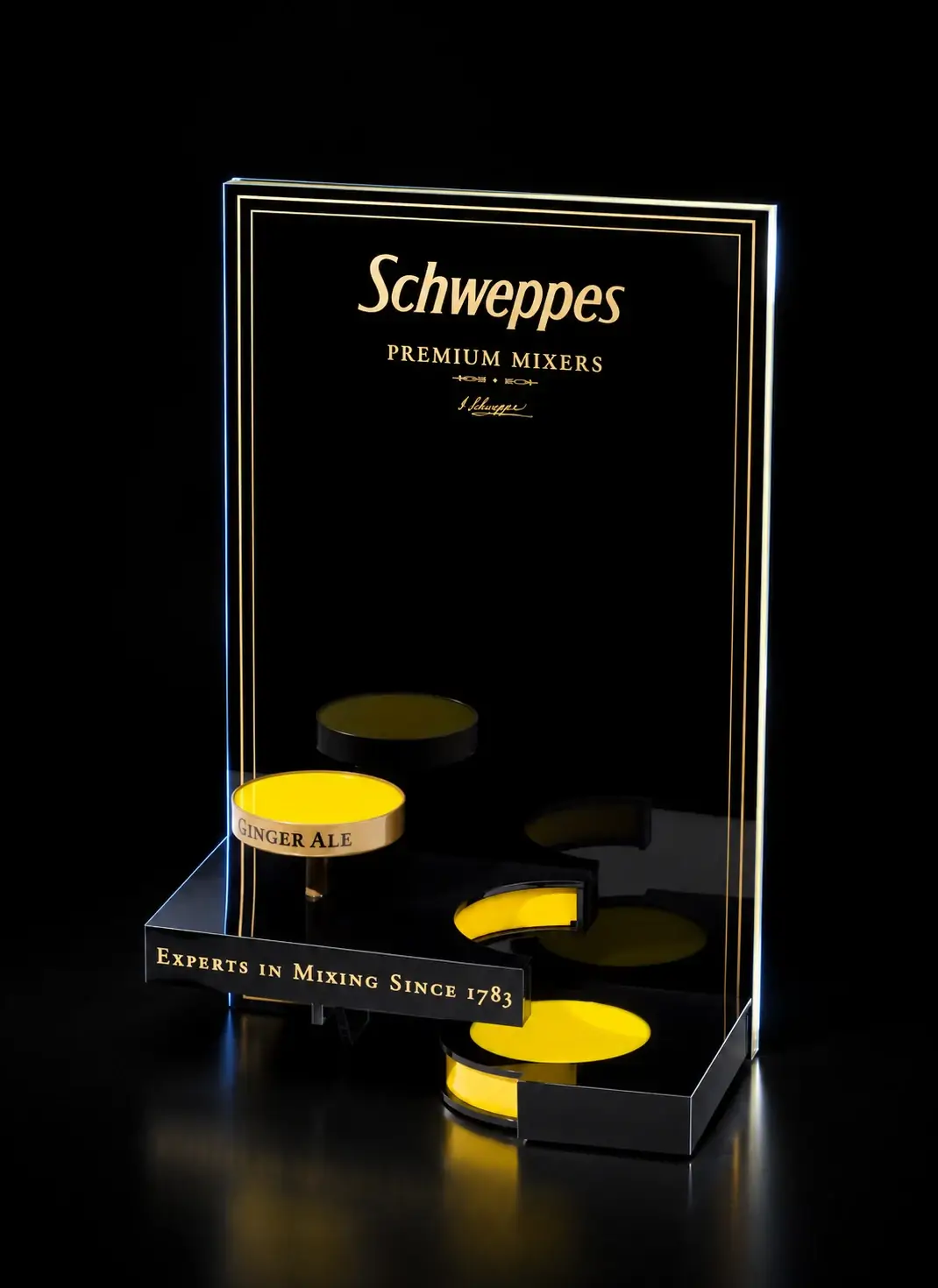 Expositor Schweppes del archivo Neolaser, con fondo e iluminación retocados